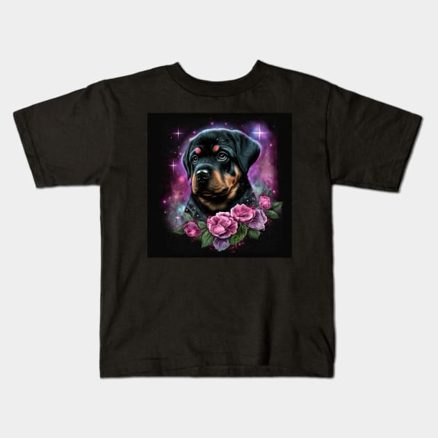 Cute Rottweiler Puppy With Roses Kids T-Shirt by Enchanted Reverie